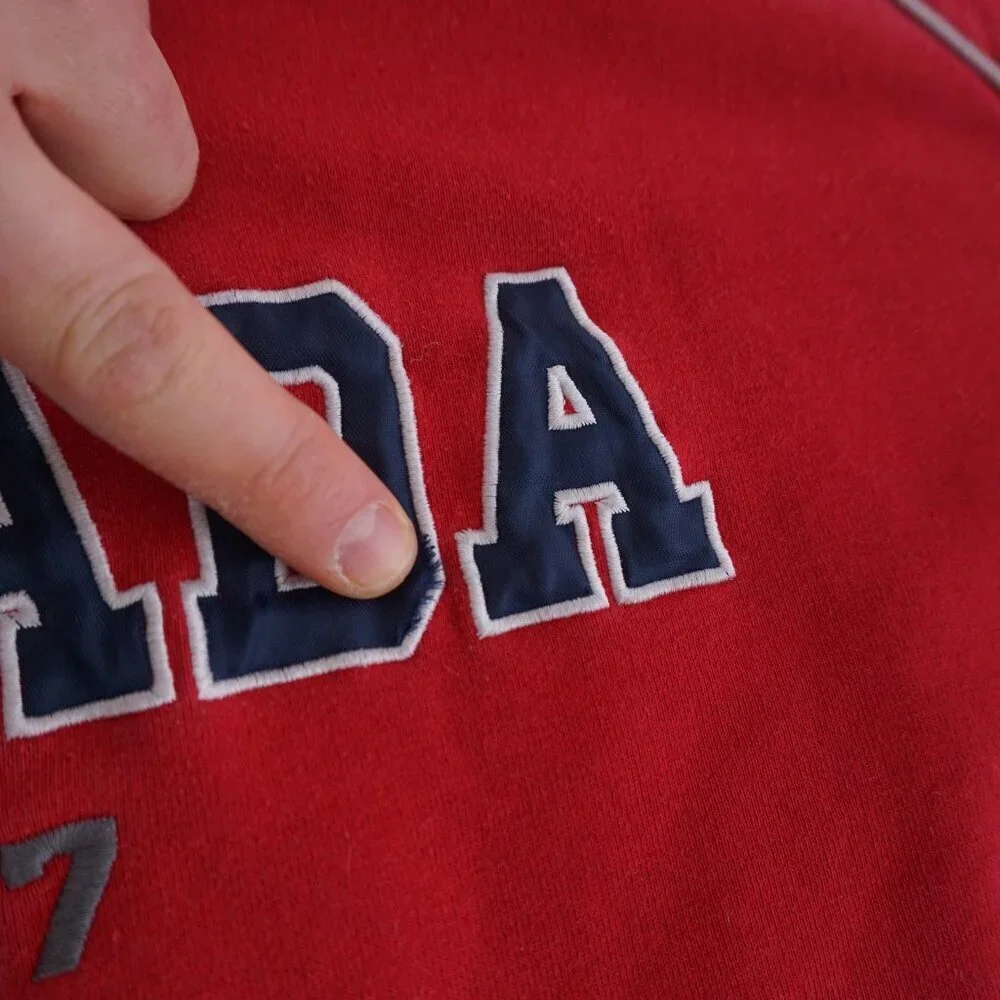 Vintage '90S Canadian Classics Red Navy Cotton Quarter Zip Pull Over Sweater L - Picture 7 of 11